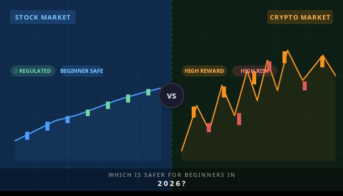 Stock market vs crypto market comparison thumbnail showing steady growth for stocks and volatile high-risk crypto chart with “Which is safer for beginners in 2026?”