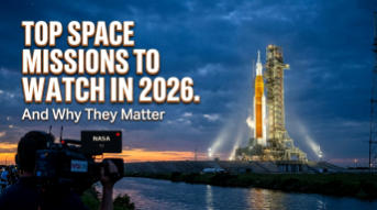 Rocket launch at sunset with text "Top Space Missions to Watch in 2026 and Why They Matter"