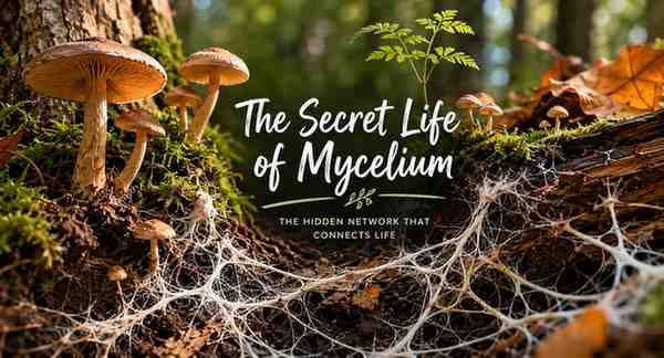 Close-up forest floor scene featuring mushrooms, moss, and detailed white mycelium threads spreading through decaying wood under warm natural sunlight.