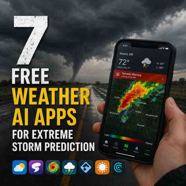 Smartphone displaying an AI-powered weather app with severe storm alerts and radar tracking, set against a dramatic tornado and dark storm clouds.