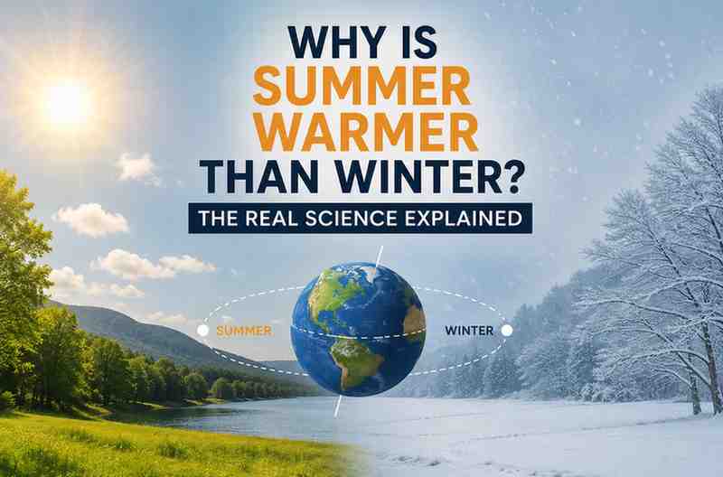 Illustration showing a split landscape with a warm sunny summer scene on one side and a snowy winter scene on the other, centered around Earth’s tilted axis to explain why summer is warmer than winter.