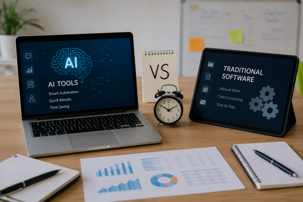 Split screen comparing AI tools vs traditional software dashboards