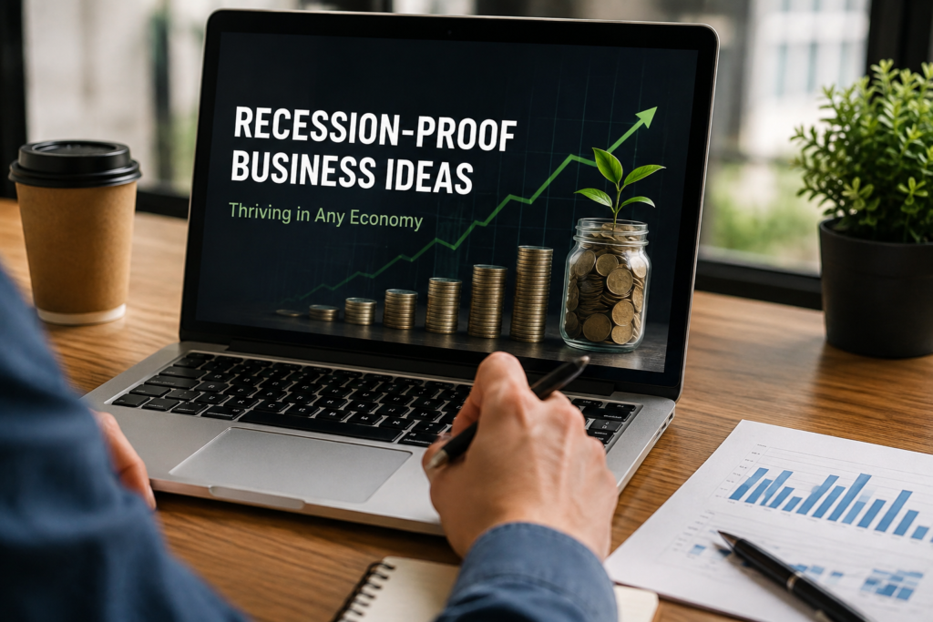 Entrepreneur planning recession-proof business ideas at a home desk